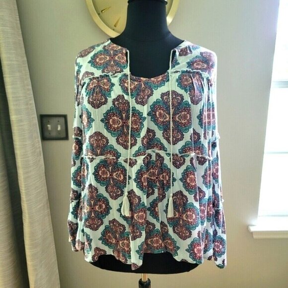 Red Camel Women Plus Floral Boho Chic Coral Blue Flounce Tunic Top Blouse 1X - Picture 2 of 6